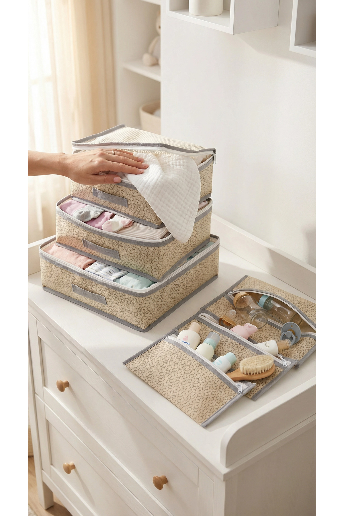 EVSELLA 6'lı Bebek Bakım Çantası Hastane Çıkış Doğum Çantası Organizer Bej Set fotoğrafı 6 (önizleme)