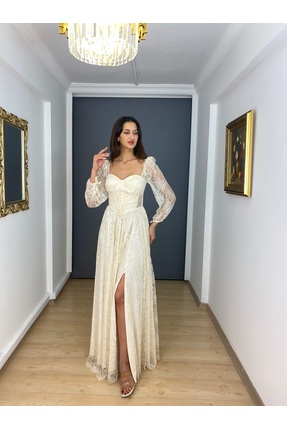 gökkuşagı moda Bej Uzun Kollu Dantel Kare Yaka Yırtmaçlı Uzun Abiye Elbise