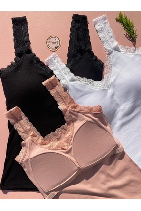 LEYNA BUTİK Kadın Modal Kaşkorse 3’lü Set Sabit Pedli Dantel Askılı Basic Atl...