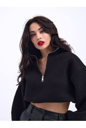 DOLCE QUEEN 🖤 Oversize Kol Detaylı Fermuarlı Crop Sweatshirt 🖤