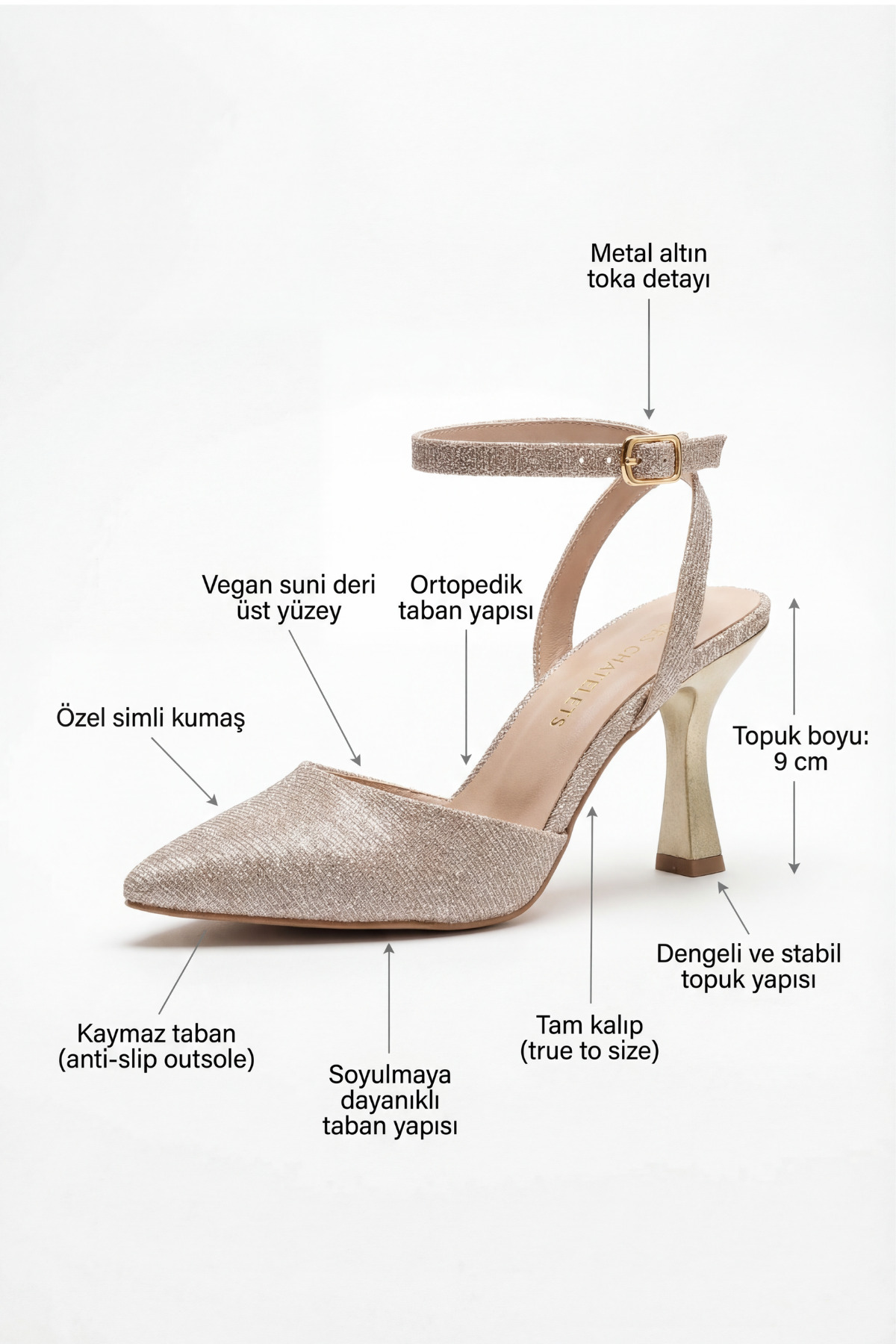 Les Chatelets  Éclat de Nuit Bilekten Bağlamalı Simli Altın Abiye Ayakkabı - Görsel 6