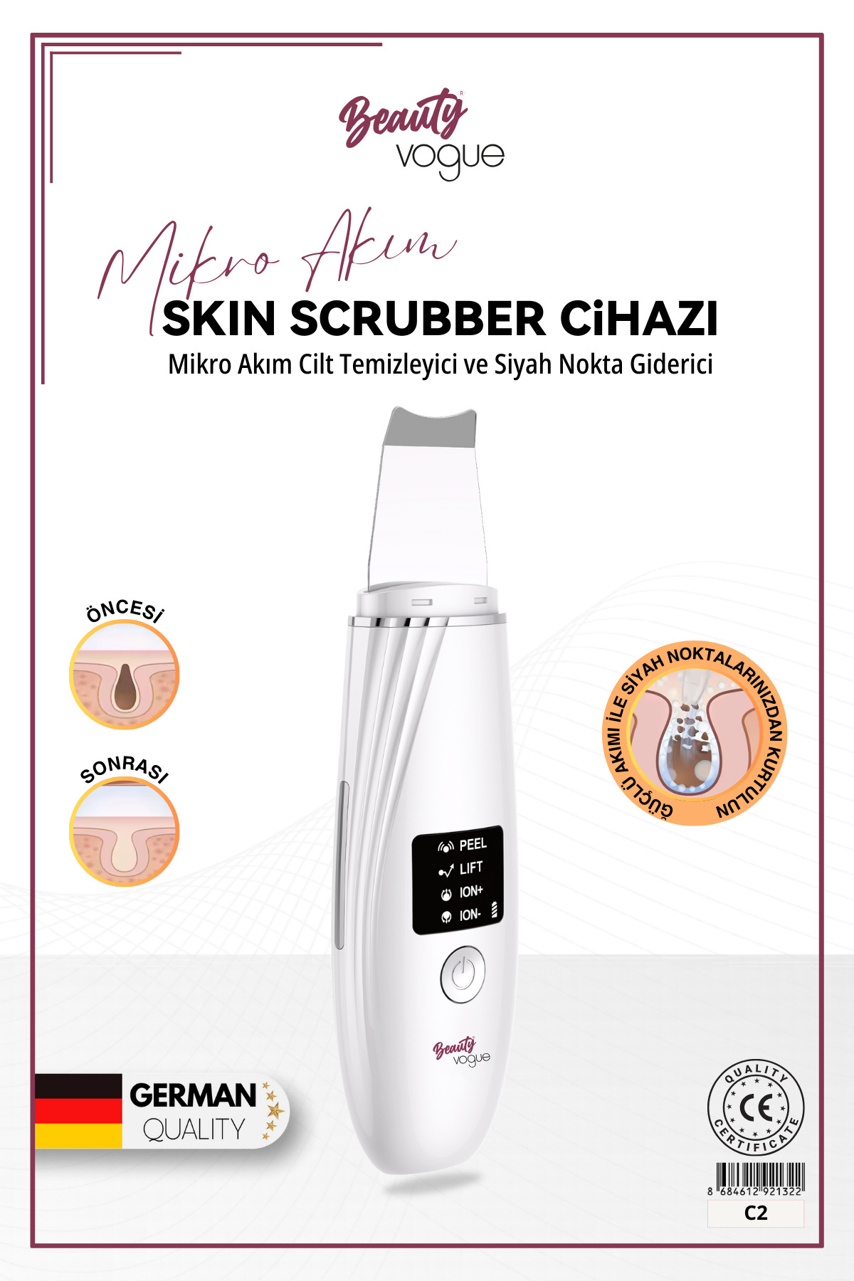 C2 Ultrasonik Spatula - Mikro Akımlı Cilt Temizleme, Siyah Nokta Giderici ve Lifting Cihazı Scrubber — سفید YNGC6197430-2