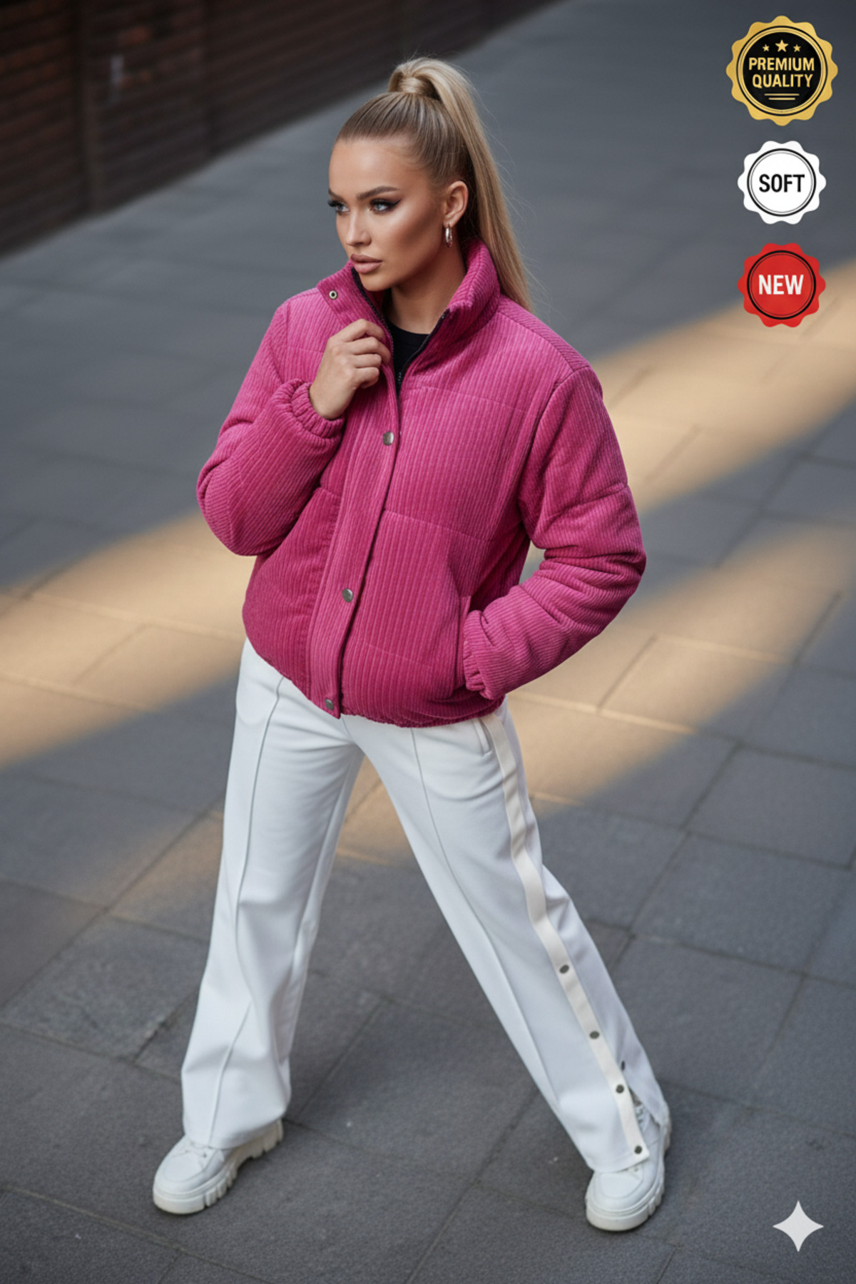 Millionaire  Kadın Fuşya Kadife Fermuarlı Çıtçıtlı Mont - Görsel 2