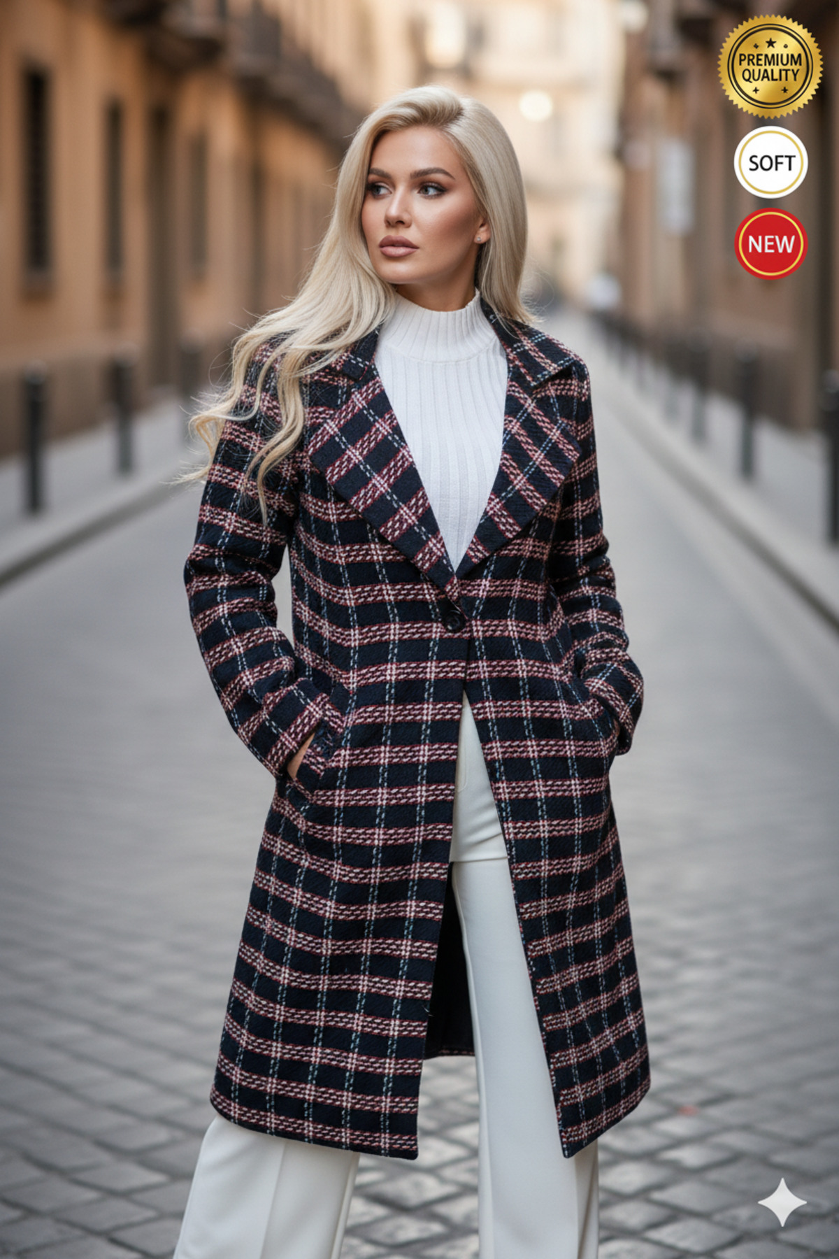 Women's Navy Blue Plaid Detailed Overcoat Trench Coat Overcoat 38-XS 40-S 42-M 44-L 46-XL 48-XXL