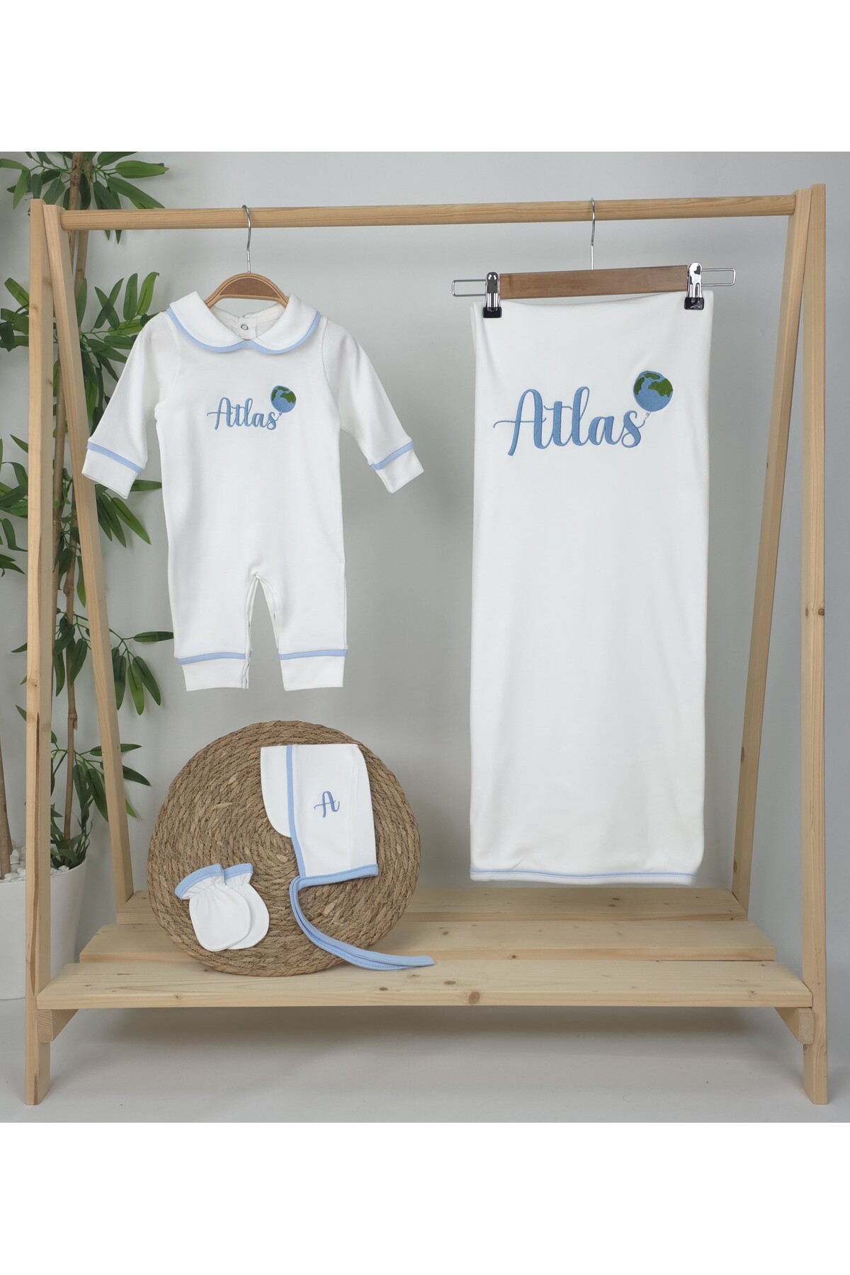 Blue Bio 100% Cotton Hospital Exit Set Atlas Model-1 (EMBROIDERY PATTERN WITH PERSONALIZED NAME)
