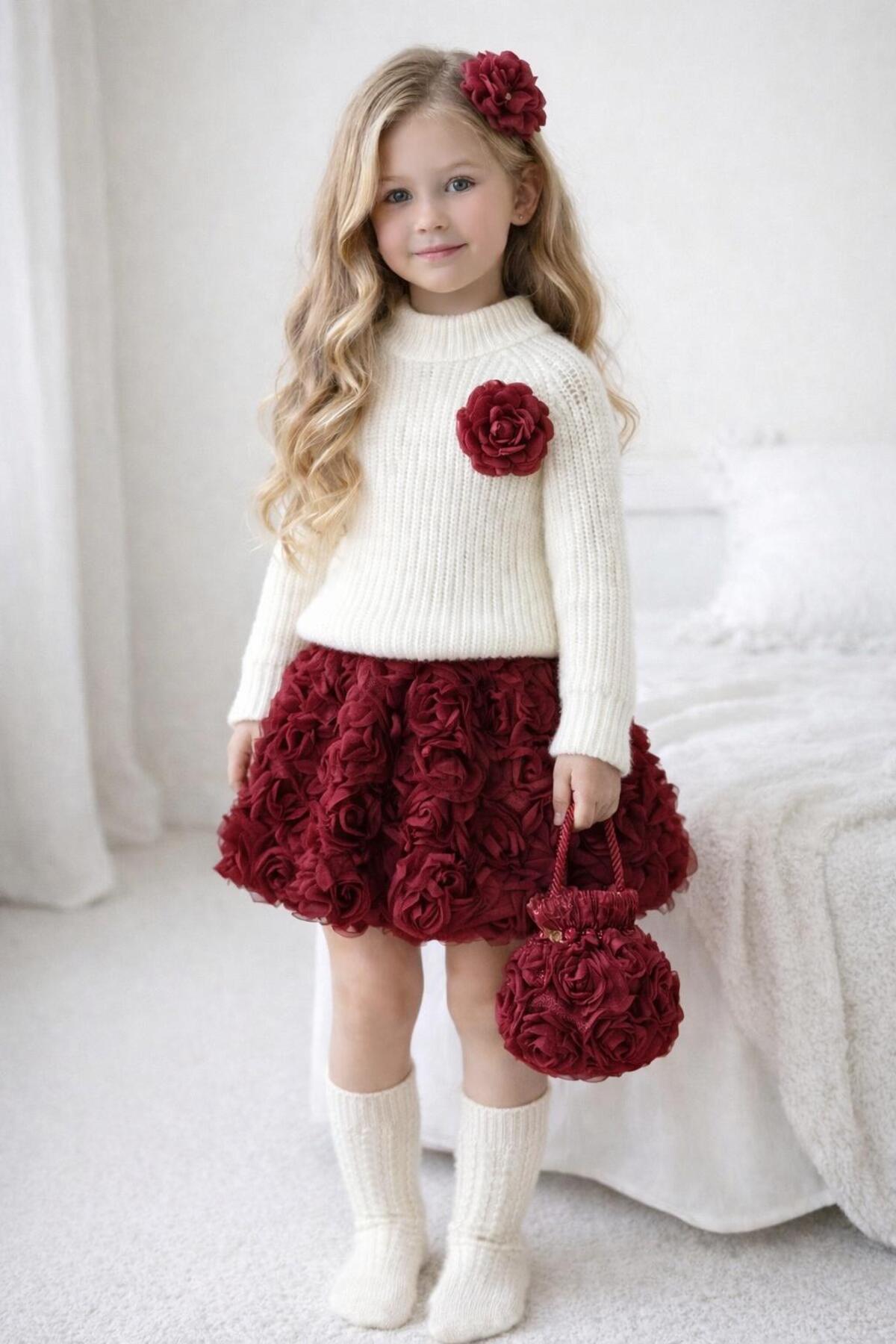 TREND NATURAL Kız Çocuk Triko Kazak ve Gül Detaylı Etek Toka ve Çanta 2-8 yaş Bordo ve Pembe fotoğrafı 4 (önizleme)