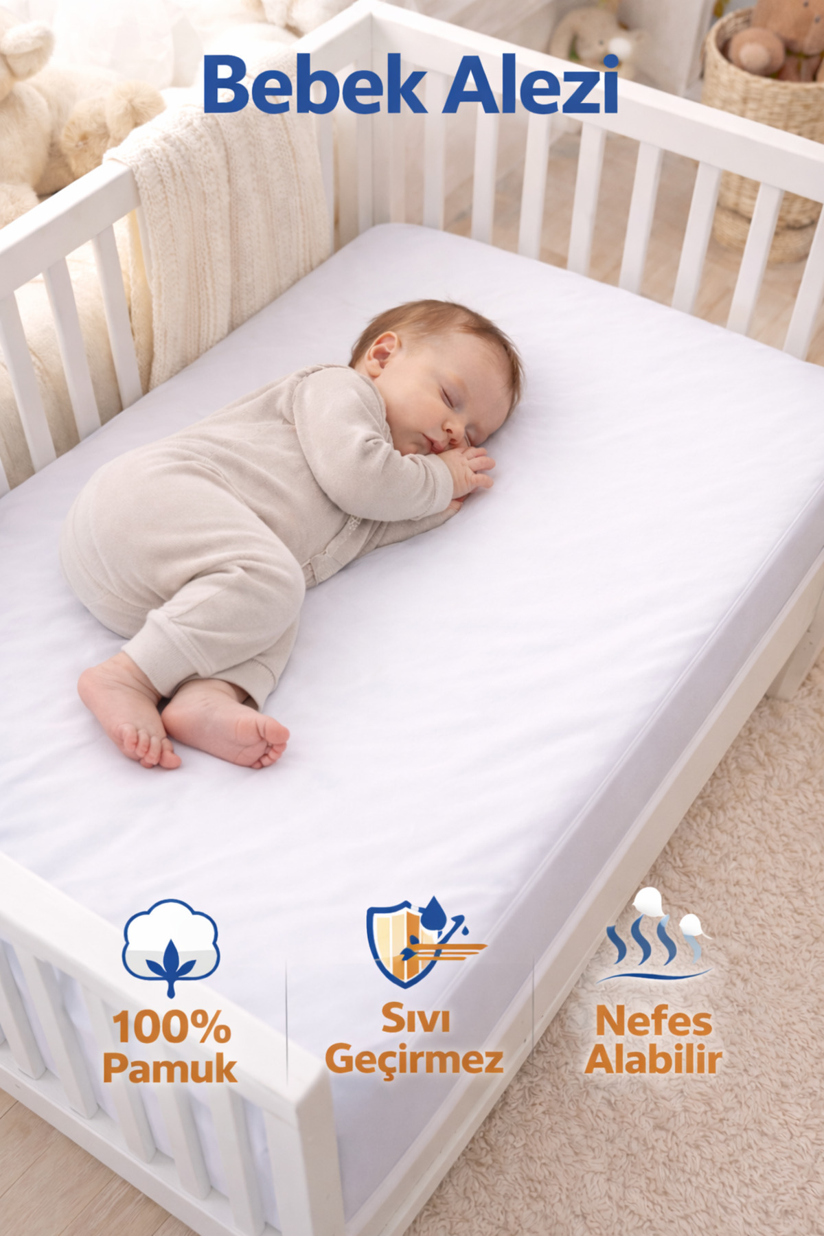 BABY ANTIFLUID/WATERPROOF 100% COTTON MATTRESS WITH PROTECTIVE RUBBER FİTTED MOTHER 'S SIDE BABY ALESIS