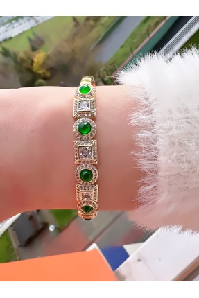 ECEMSEL Yeşil Beyaz Taşlı Tasarım Harikası Çelik Bileklik Vip