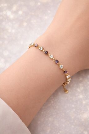 Saros Teknoloji Yuvarlak Taşlı Aralıklı Suyolu Bileklik - MOR VE BEYAZ TAŞ SE...