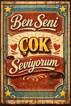 BiveSa "Ben Seni Çok Seviyorum" Yazılı Retro Ahşap Poster