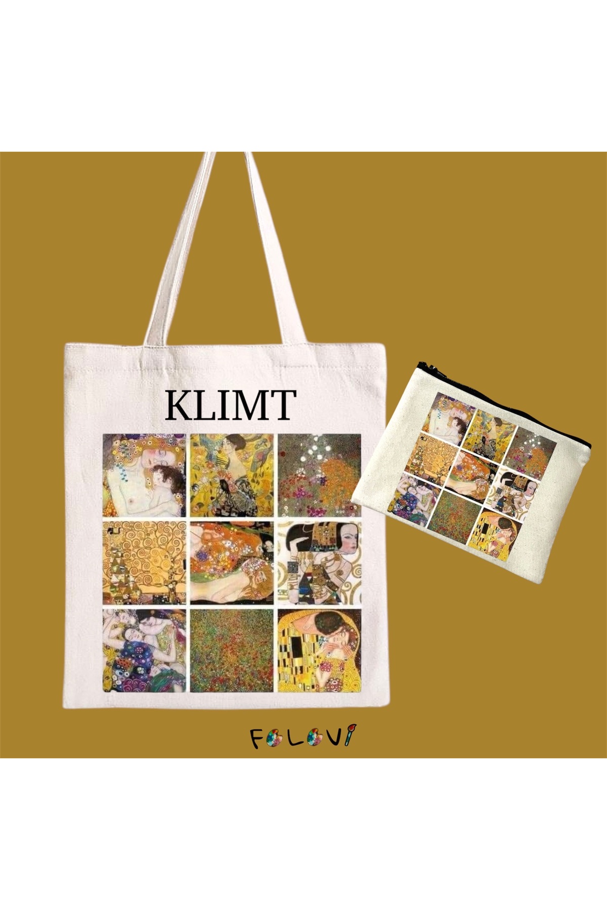 FALAVİ  Gustave Klimt Bez Çanta El Çantası Kalemlik Set