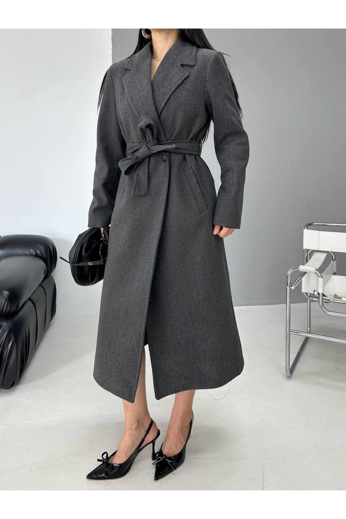 Jaglion  Bordo Kuşaklı Astarlı Premium Relaxed fit Kadın Kaşe Kaban Mont - Görsel 3