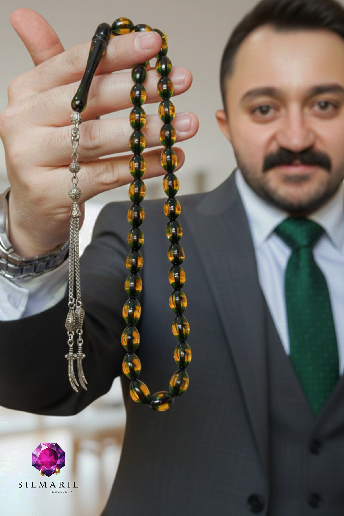 Sürmeli Kehribar Tespih Yeşil Ton Geçişli Erkek Hediyelik Şık Kehribar Tesbih Erkek Özel Gün Hediye