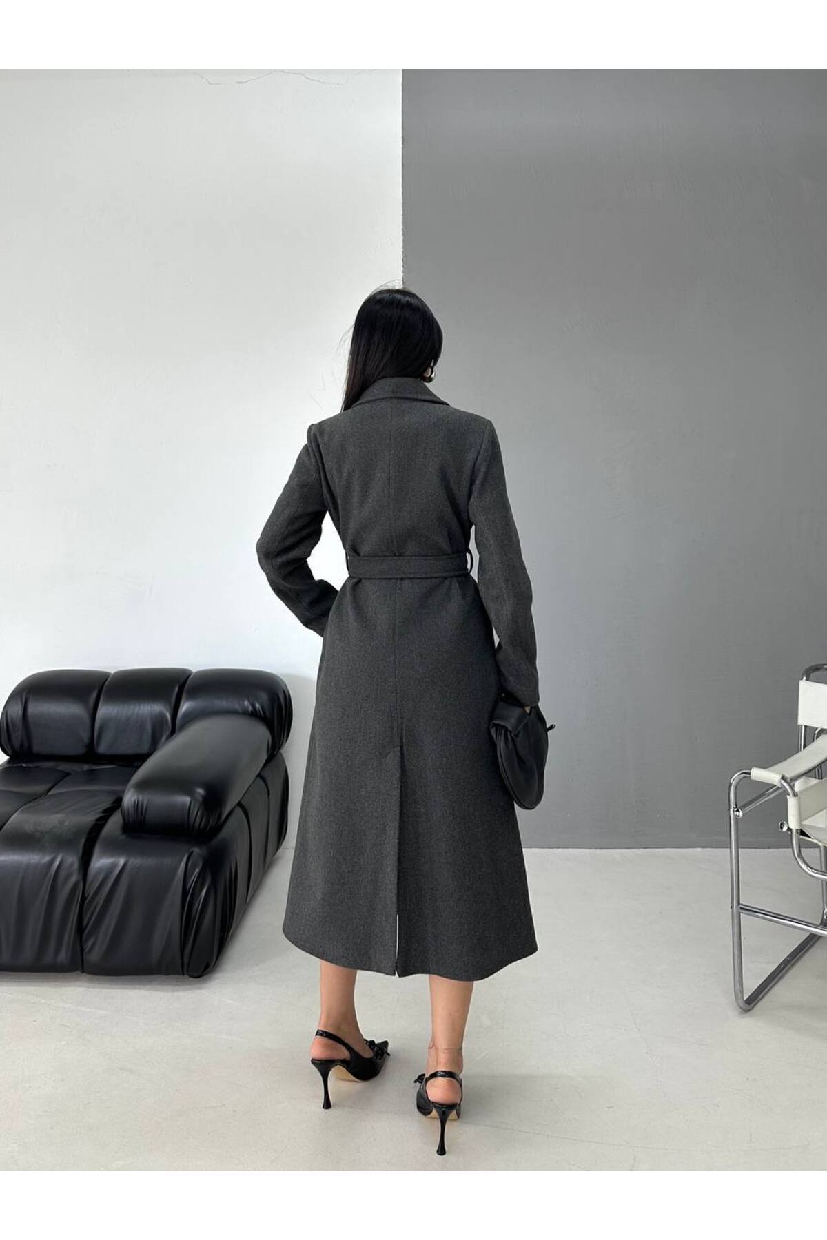 Jaglion  Bordo Kuşaklı Astarlı Premium Relaxed fit Kadın Kaşe Kaban Mont - Görsel 6