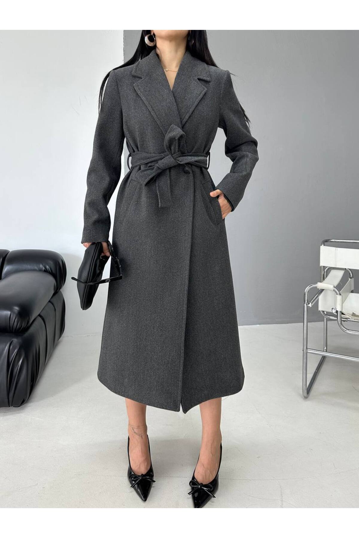 Jaglion  Bordo Kuşaklı Astarlı Premium Relaxed fit Kadın Kaşe Kaban Mont - Görsel 2