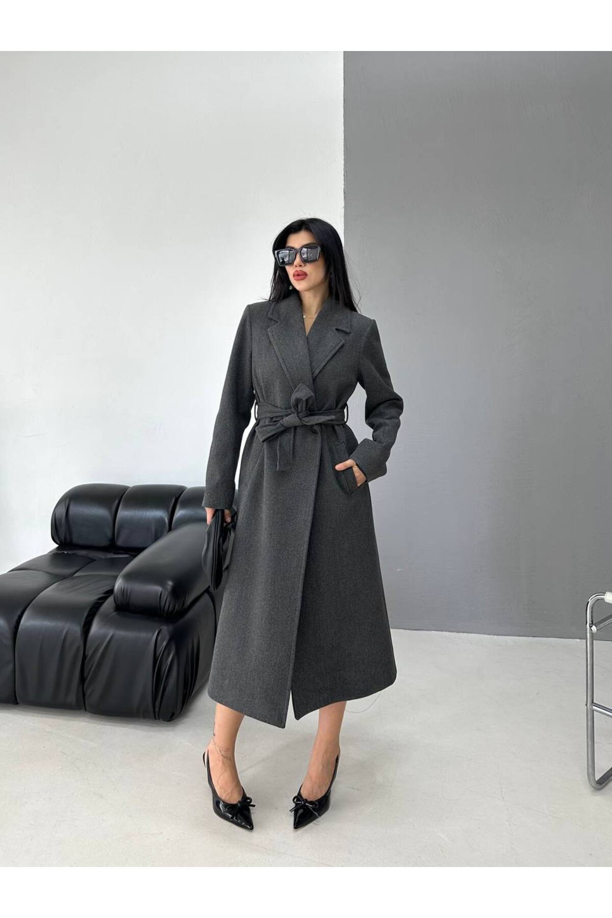 Jaglion  Bordo Kuşaklı Astarlı Premium Relaxed fit Kadın Kaşe Kaban Mont - Görsel 5