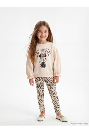 LC Waikiki LCW Kids Bej Minnie Mouse Baskılı Kız Çocuk Sweatshirt Ve Tayt