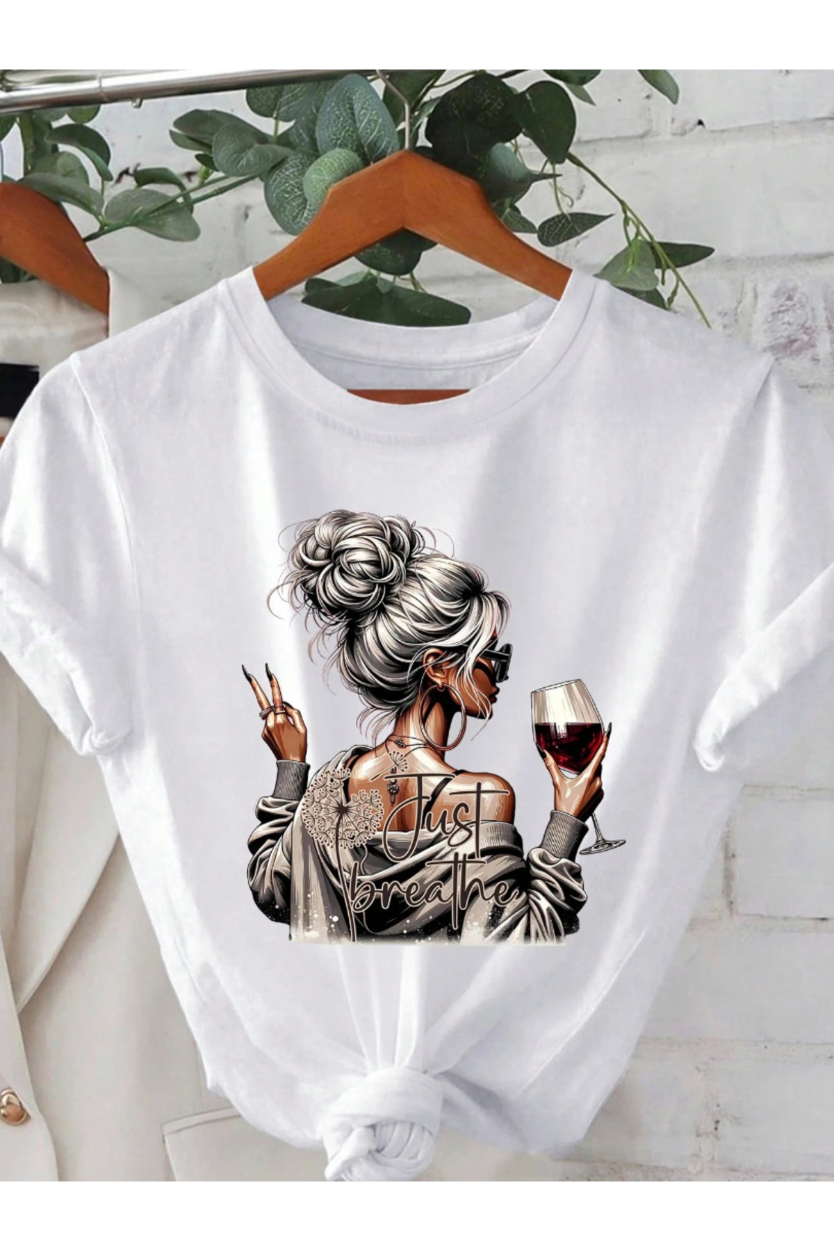 one button  Unisex Just Breathe Baskılı Basic Bisiklet Yaka Regular T-shirt %100 Pamuk