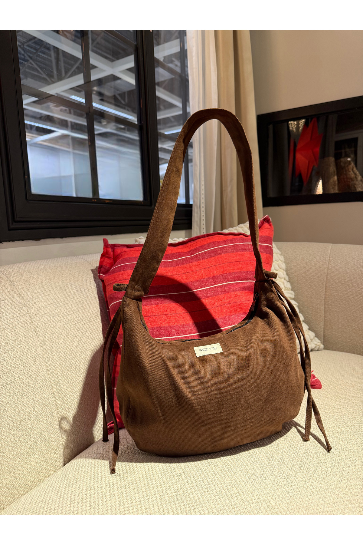 RONASBAG  Bow Bag Kahverengi Kadın Astarlı Içi Gözlü Fiyonk Detaylı Fermuarlı Baget Kol Çantası - Görsel 2