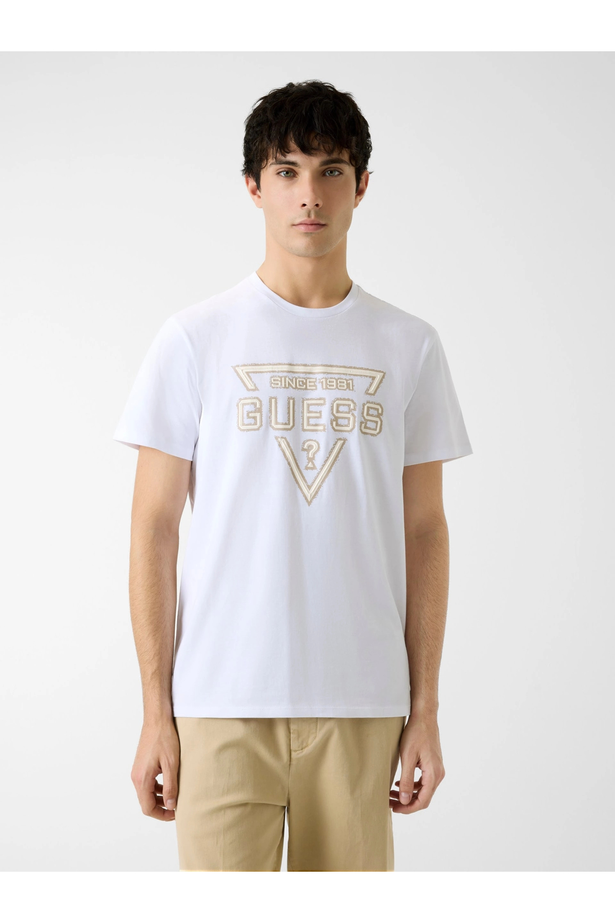 Guess Kısa Kollu Temel Boyalı Üçgen Logolu Erkek Beyaz T-shirt