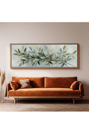 woodhomeworks Tek Parça Gerçek Ahşap Yatay Panorama Çerçeveli Tablo zeytin dalı