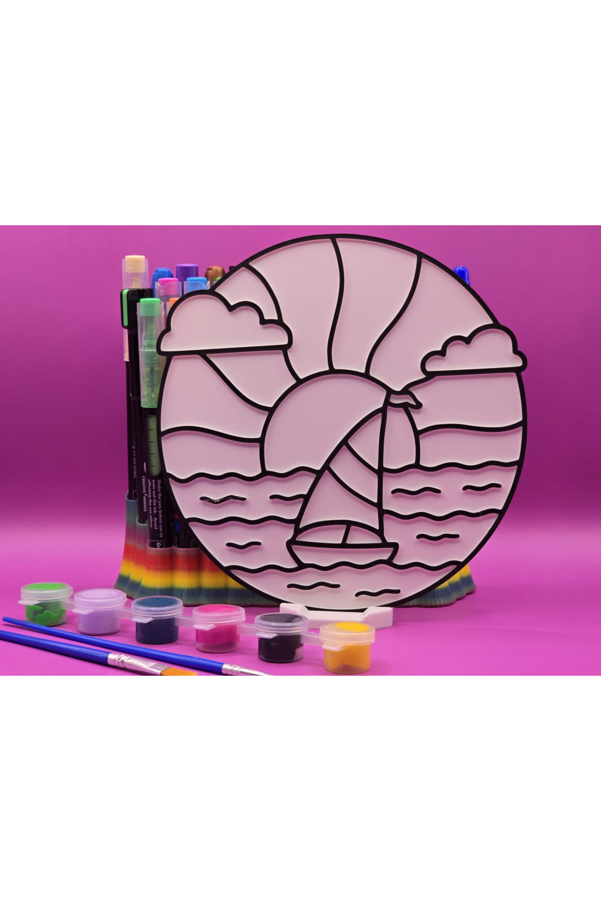 تابلو نقاشی غروب آفتاب در حال بادبانی، ۱۷ سانتی‌متری. قابل استفاده روی دیوار یا میز. رنگ‌ها شامل نمی‌شوند.