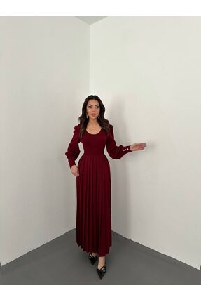 Femaura Elbise - Fm204 Pileli Robadan Kolları Taş Detaylı Uzun Elbise