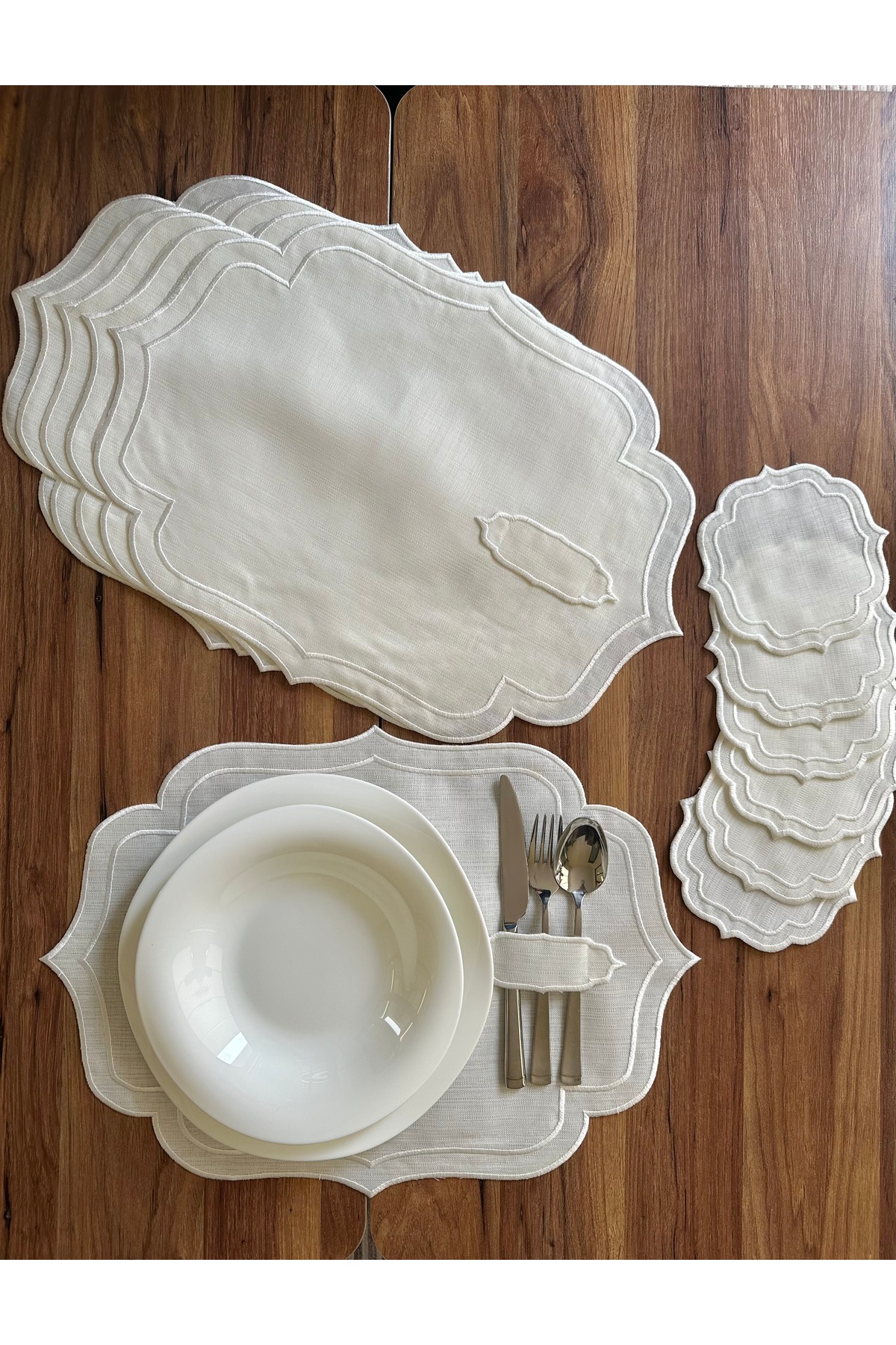 NURHAN HOME COLLECTION Double Row Ecru Embroidered 12-Piece American Service ...