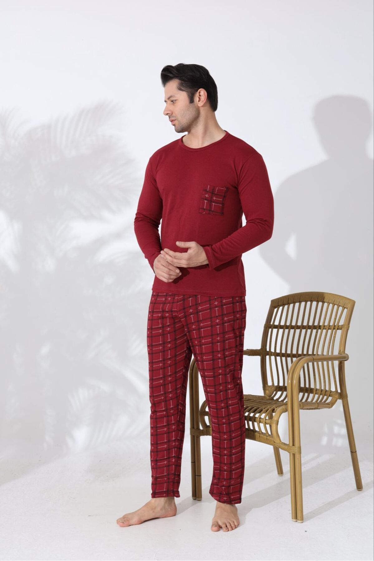 Huq Moda Erkek Pijama Takımı Uzun Kollu Üst Cepli Bordo Ekose Alt Pamuklu Rahat Ev Giyimi görsel 4