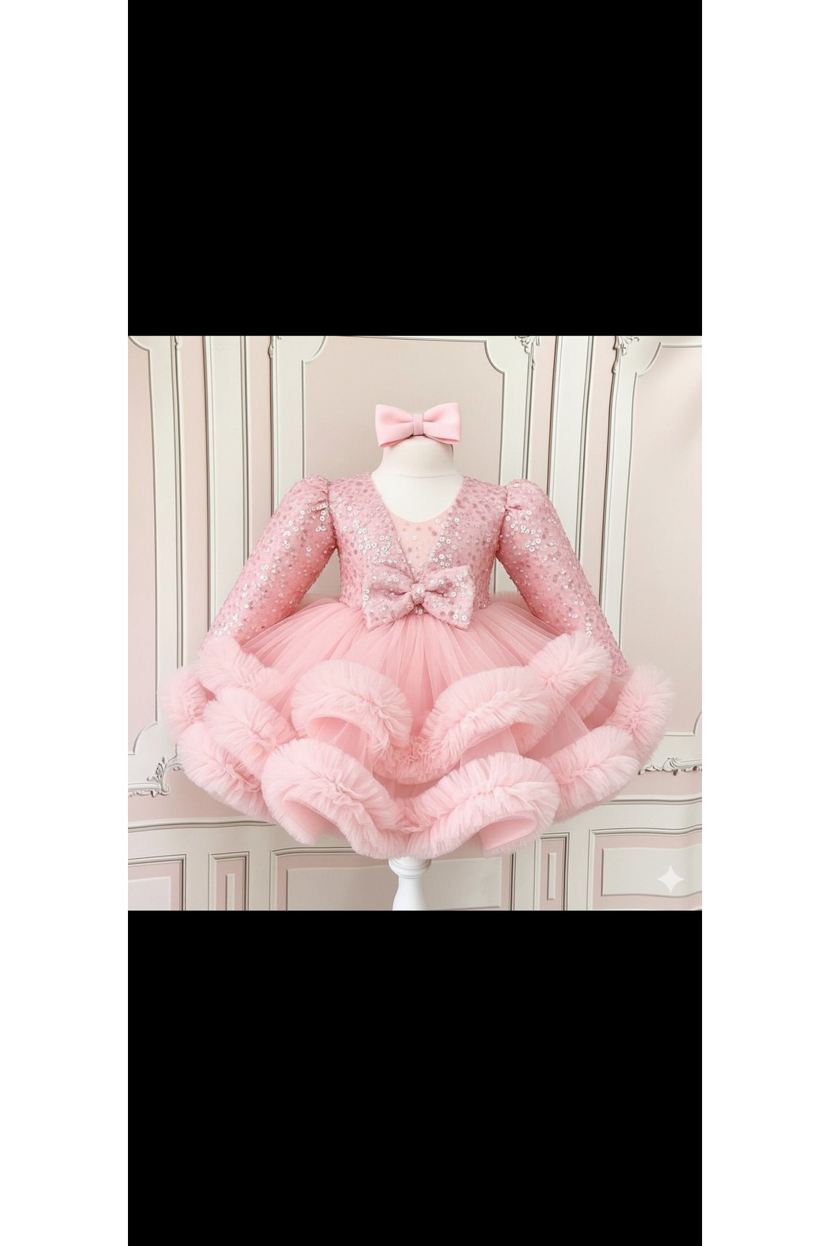 Pink Beaded Long Sleeve Ruffled Skirts Girls Special Day Birthday Trendy Dress