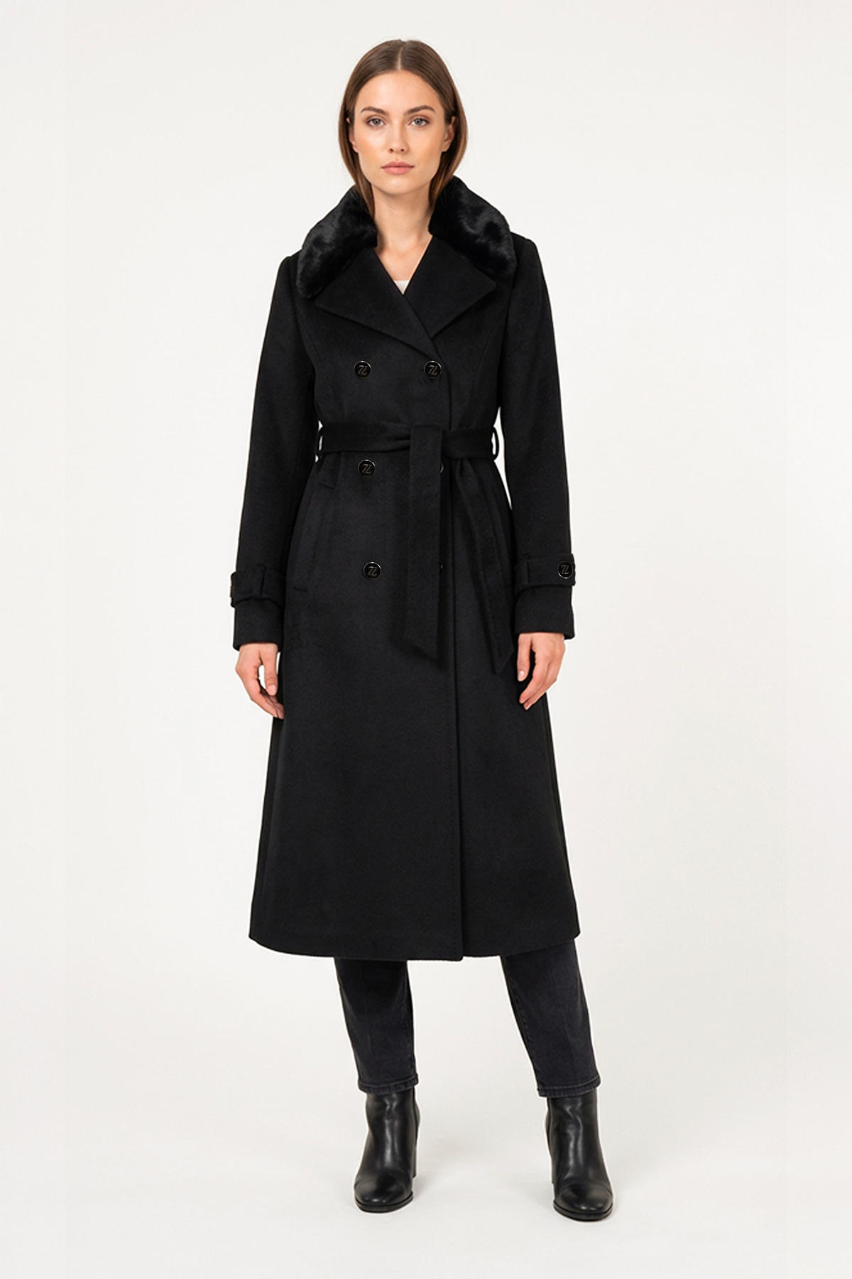 Black Removable Furry Wrap Collar Comfortable Fit with Belt Alpaca Keypad Long Coat 2540