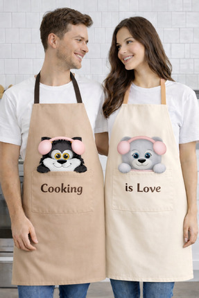 AYSHOME Ays Home Ayıcık Baskılı Cepli 2'Li Mutfak Önlüğü Seti