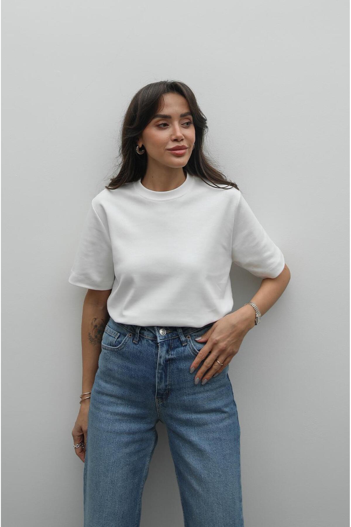 Havoş  Ekru %100 Pamuk Bisiklet Yaka Tişört - Görsel 2