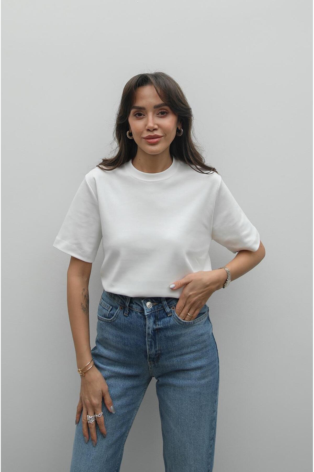 Havoş  Ekru %100 Pamuk Bisiklet Yaka Tişört - Görsel 3