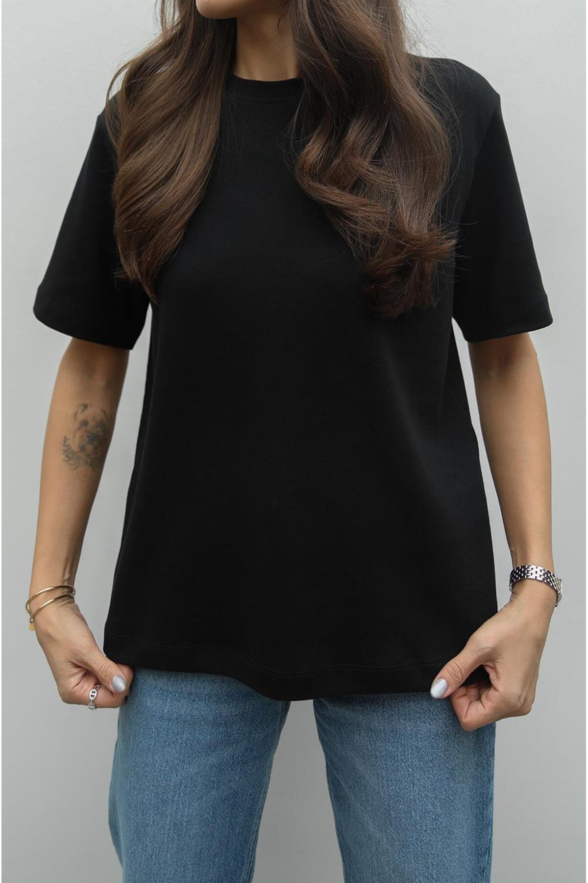 Havoş  Siyah %100 Pamuk Bisiklet Yaka Tişört - Görsel 3