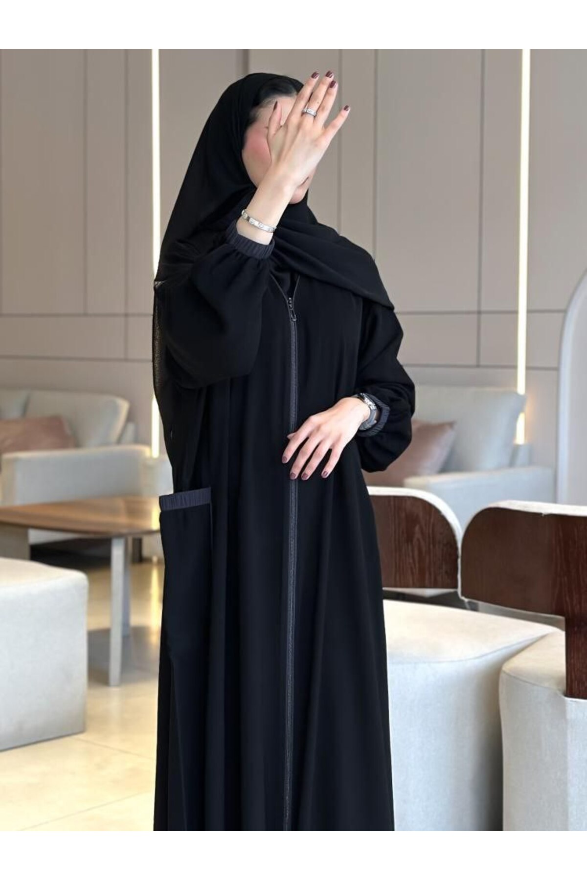 Karmen عباية كيان سوداء كريب واقف شتوية ربع كلوش بجيوب سحاب وأساور مطاط – مع ...