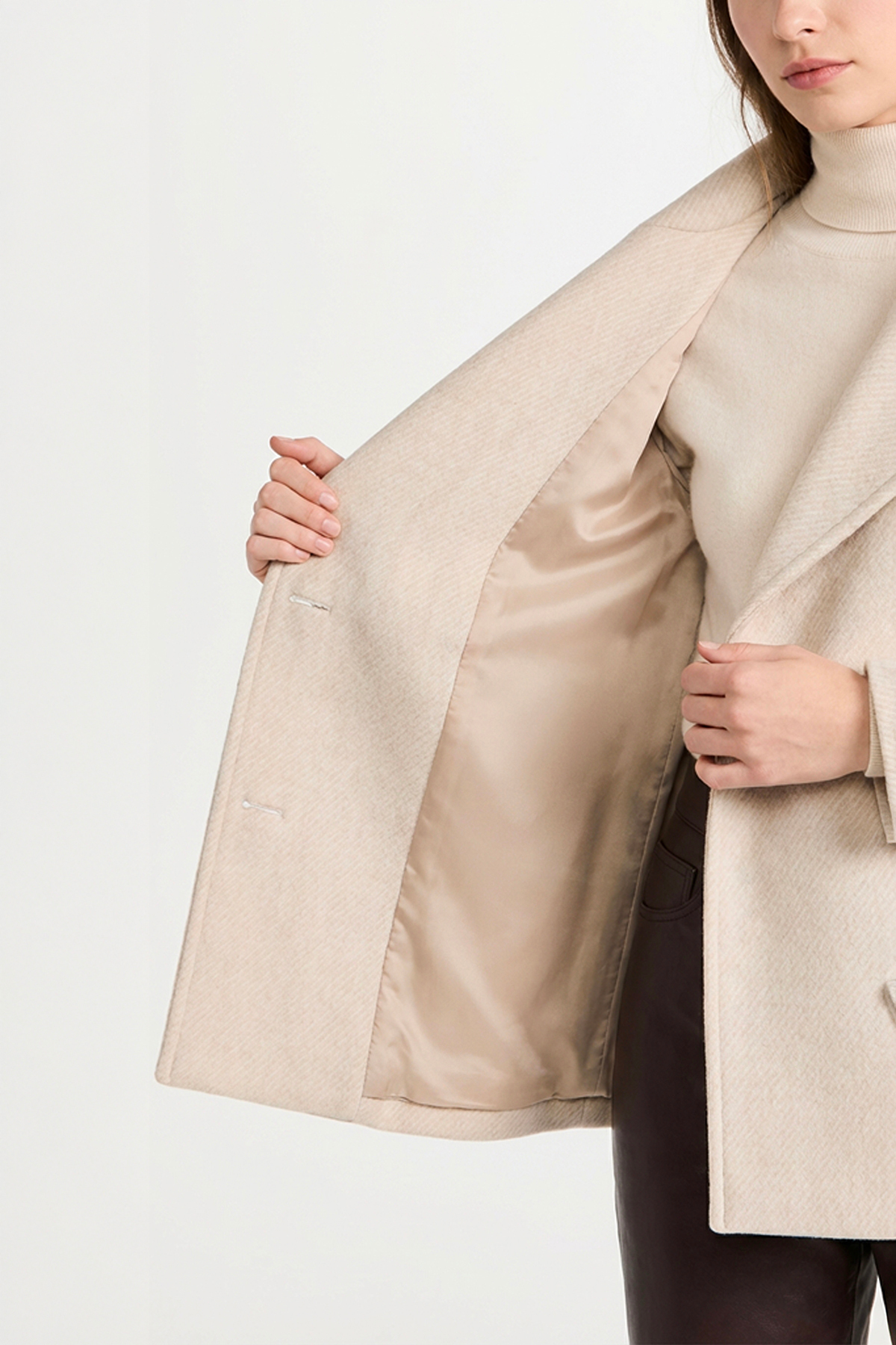 Soydan Güner  Bej Reglan Kol Kruvaze Yaka Rahat Kalıp Alpaka Tuşe Kısa Kaban 2670 - Görsel 5