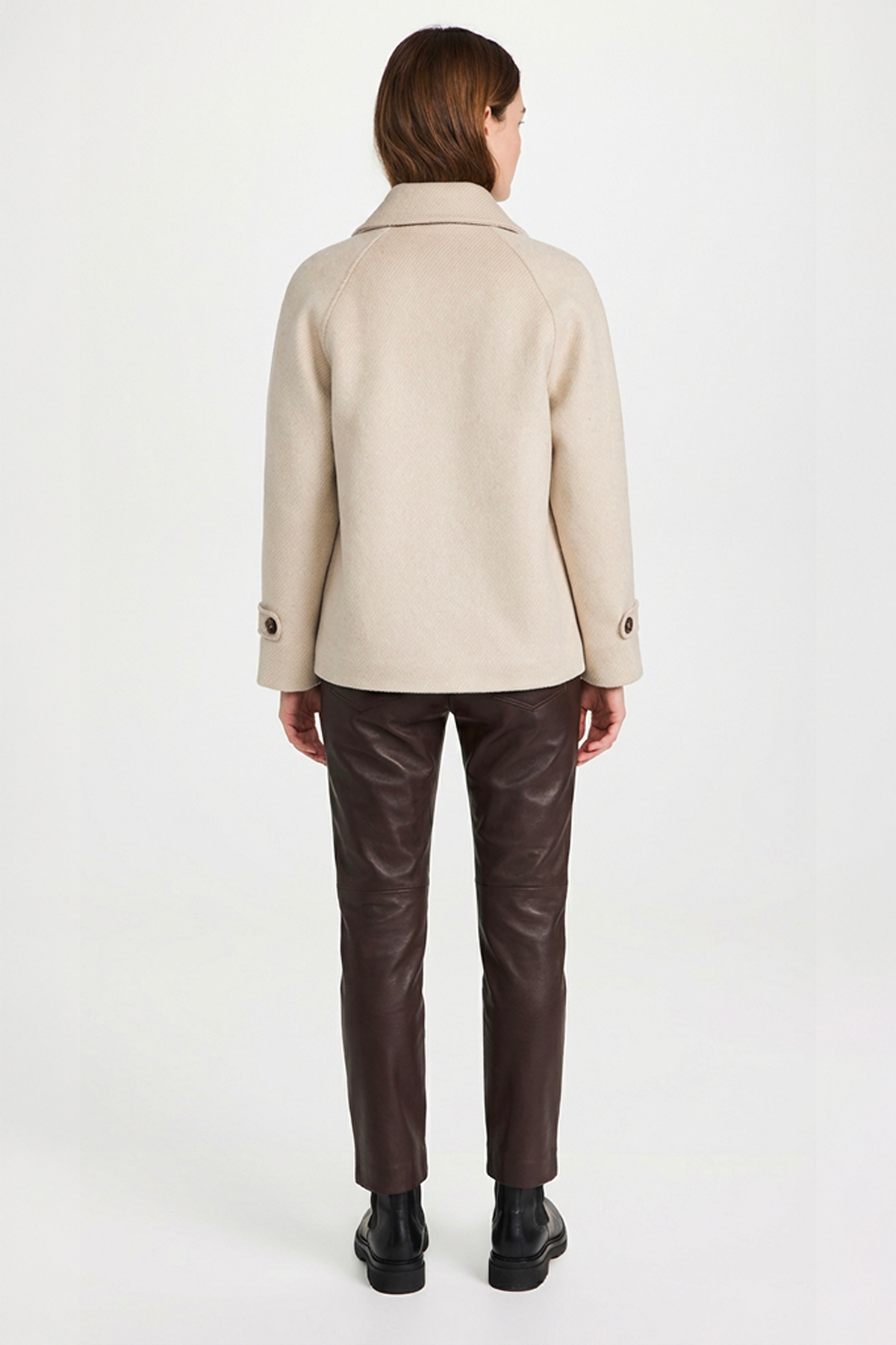 Soydan Güner  Bej Reglan Kol Kruvaze Yaka Rahat Kalıp Alpaka Tuşe Kısa Kaban 2670 - Görsel 6