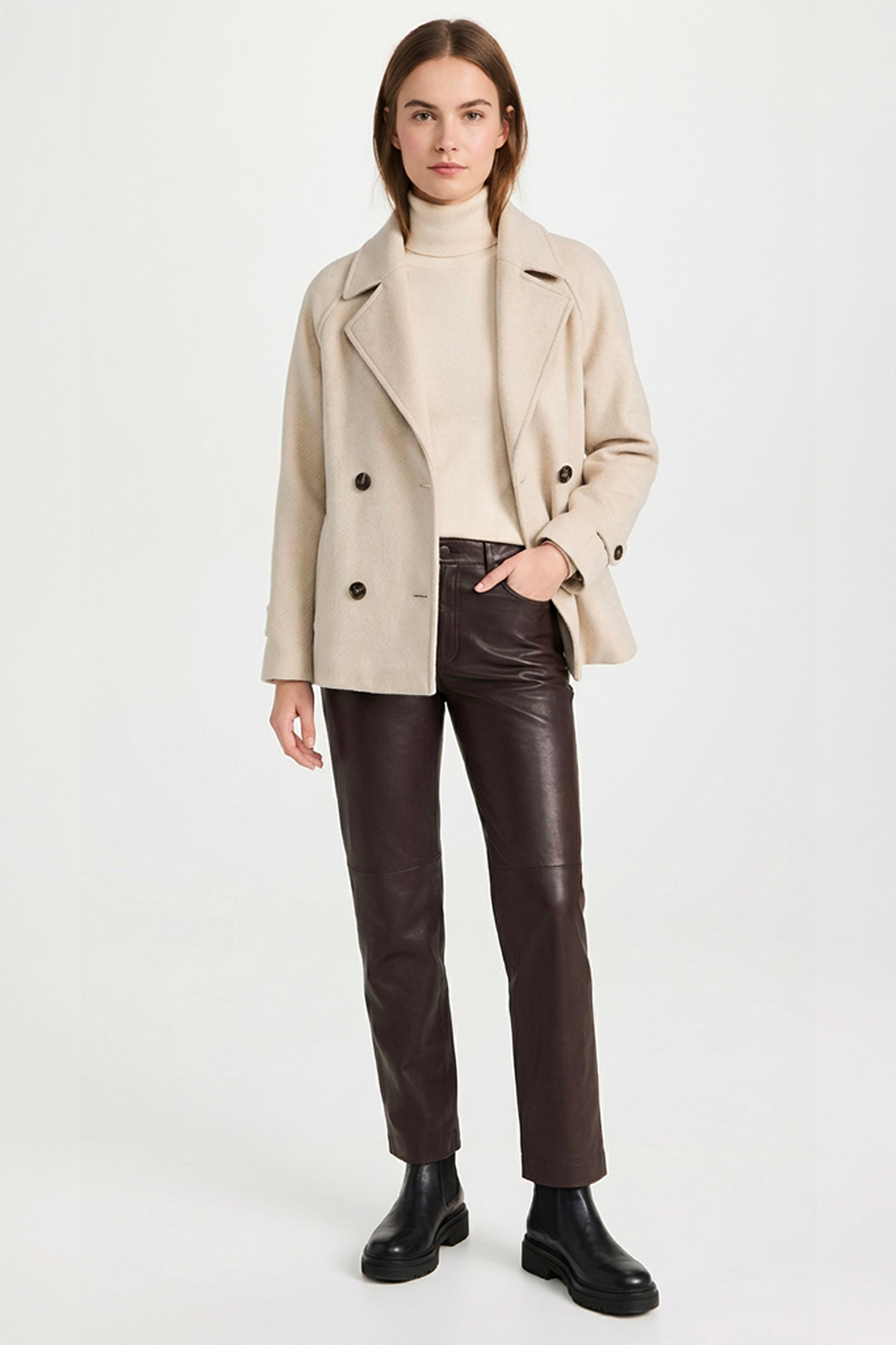 Soydan Güner  Bej Reglan Kol Kruvaze Yaka Rahat Kalıp Alpaka Tuşe Kısa Kaban 2670