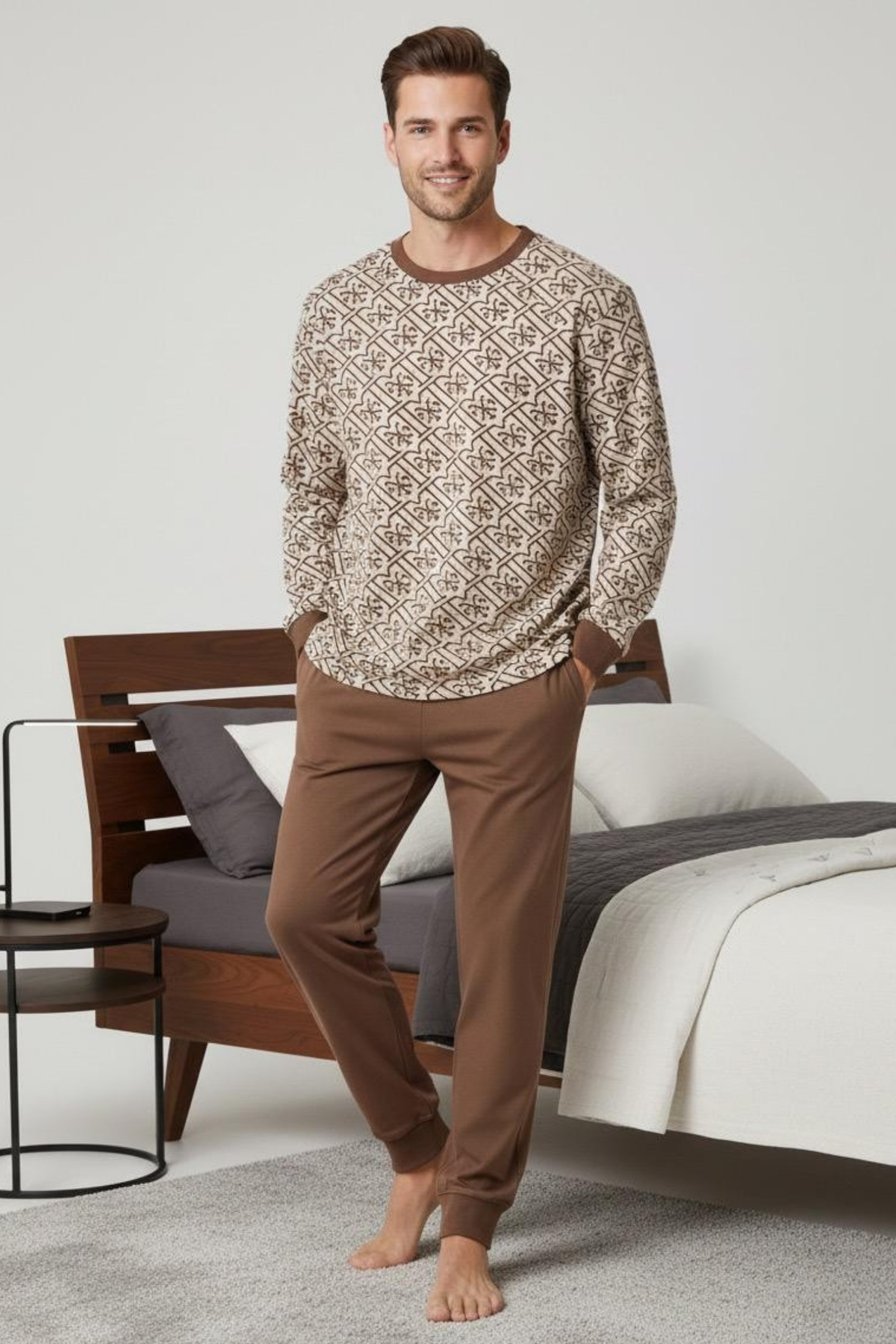 İPEKTENİM  Desenli Manşetli Cepli Erkek Eşofman/Pijama Takımı