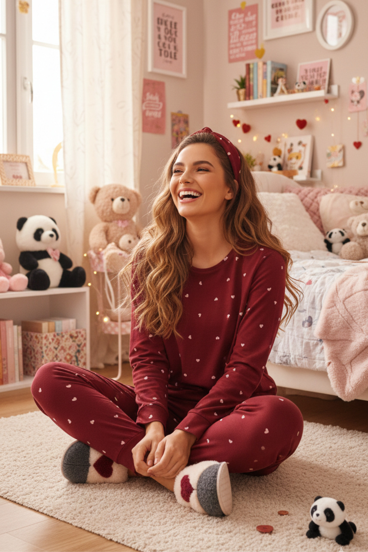 ELİTOL Bordo Mini Kalp Desenli Uzun Kollu Kadın Pijama Takımı