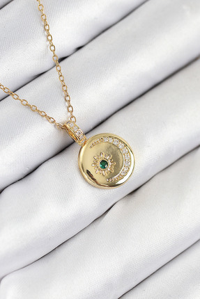 blackpure 316L Çelik Zirkon Taşlı Ay Ve Güneş Model Gold Renk Kadın Kolye