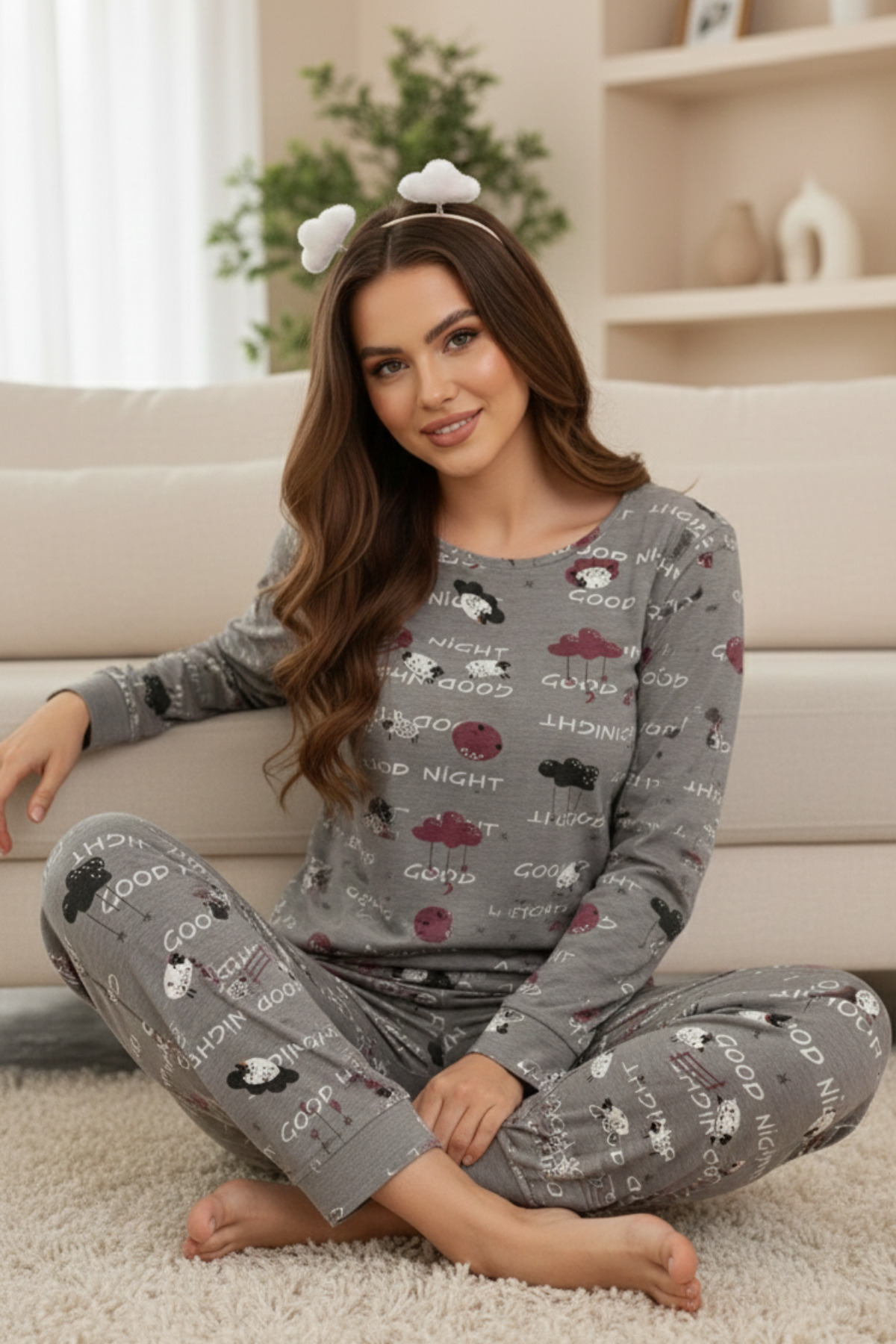 ELİTOL Γκρι σετ γυναικείας πιτζάμας με μακρυμάνικο σχέδιο σύννεφο