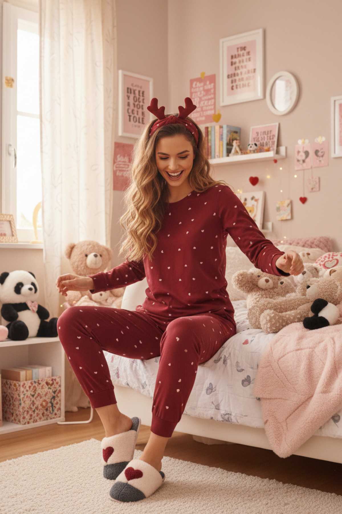 ELİTOL Bordo Mini Kalp Desenli Uzun Kollu Kadın Pijama Takımı görsel 2