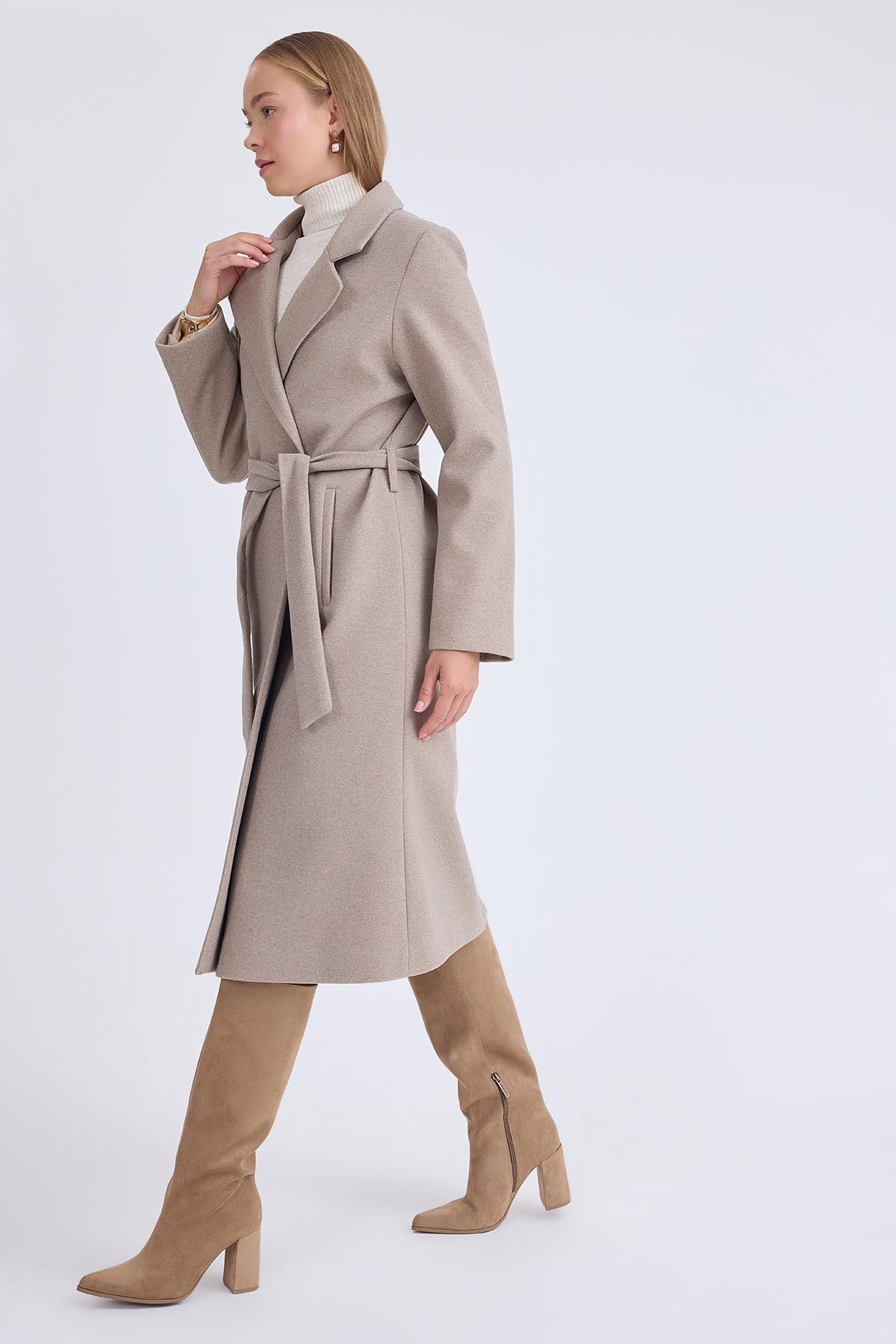 Vitrin  Ceket Yaka Kuşaklı Kaşe Kaban - Görsel 4