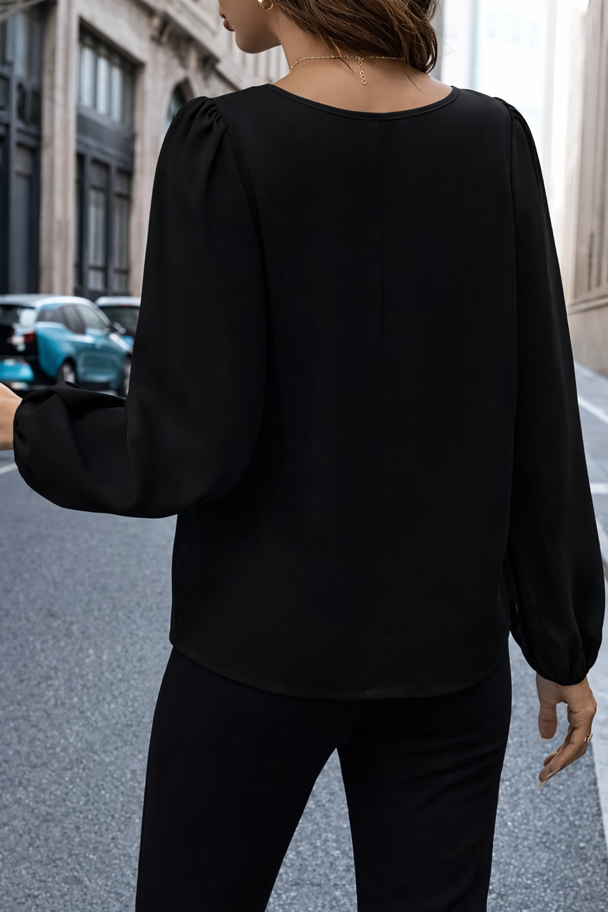 deafox  Siyah Dekolteli Yaka Balon Kol Krep Kumaş Bluz - Görsel 2
