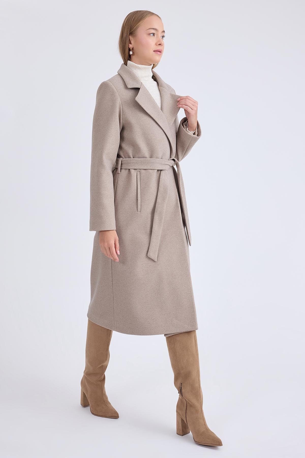 Vitrin  Ceket Yaka Kuşaklı Kaşe Kaban - Görsel 5