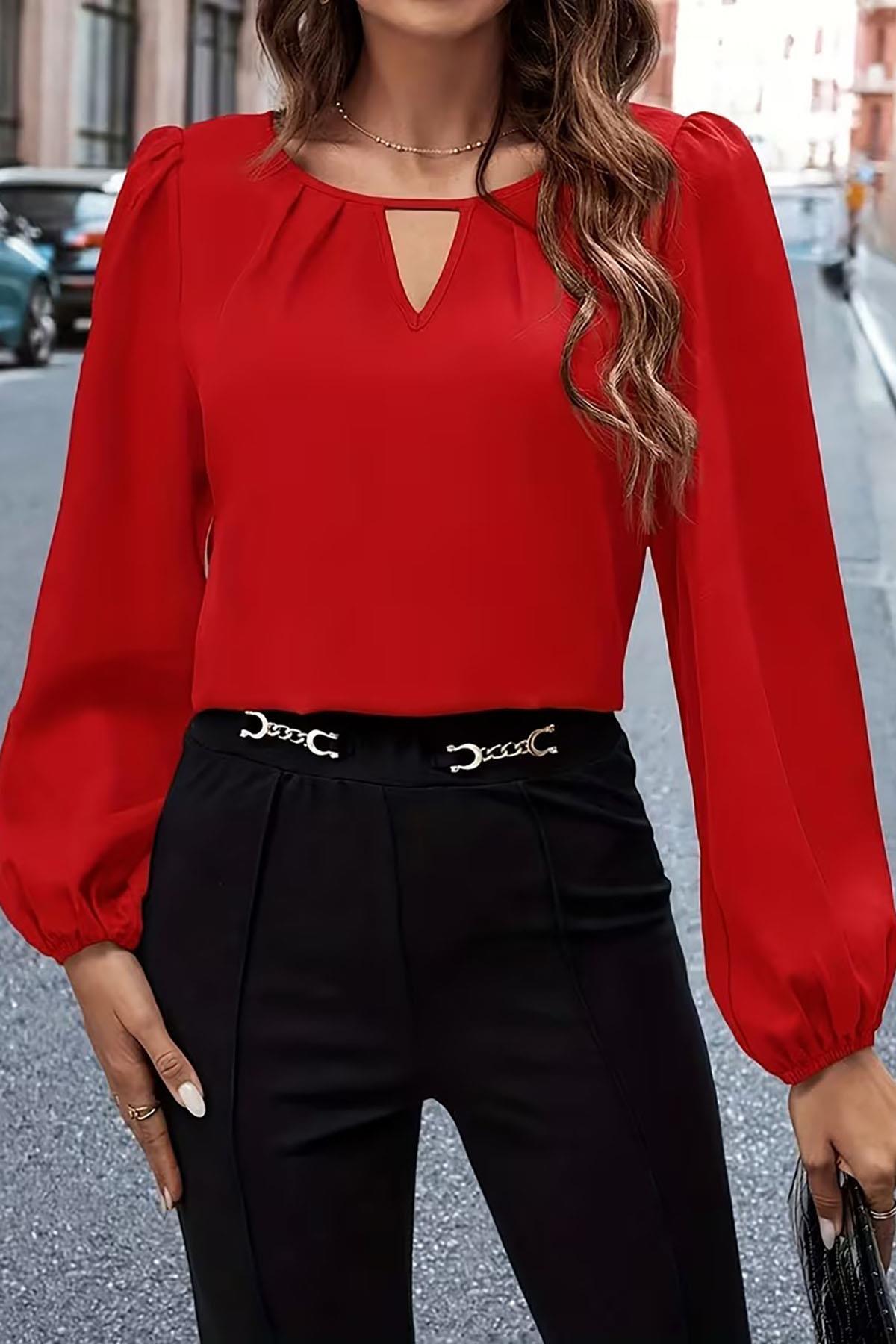 deafox  Kırmızı Dekolteli Yaka Balon Kol Krep Kumaş Bluz
