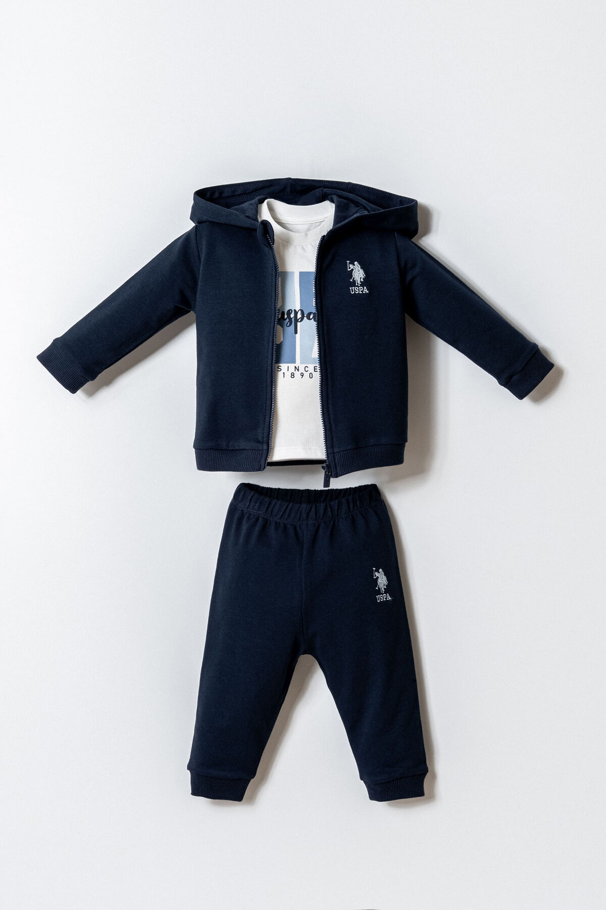 U.S. Polo Assn. Baby Boy Zippered Collar Embroidered Summer Regular Fit Navy Blue 3-Piece Baby Set Usb2903-C-V1