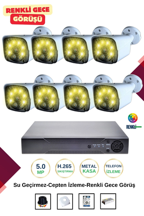OEM İrtech 8 Kameralı Güvenlik Kamera Seti Metal-Renkli Gece Görüşlü-Su Geçir...